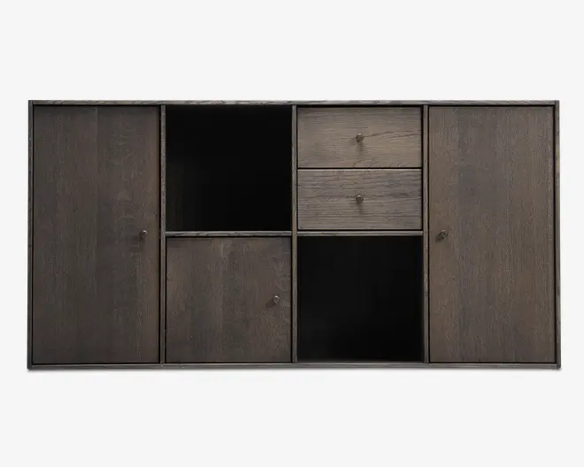 Reolopstilling med døre og skuffer røget eg