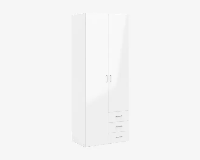 Høj, rektangulær opbevaringsenhed med glat, hvid overflade, to lodrette låger med sølvfarvede greb øverst og tre udtræksskuffer med matchende sølvgreb nederst til højre. Designet er moderne og minimalistisk og passer til mange forskellige indretninger.