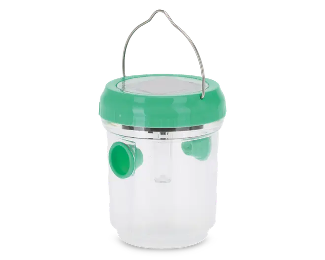 Gennemsigtig cylindrisk beholder med grønt låg, der har to runde grønne observationsvinduer på siderne og et metalhåndtag øverst til at bære den. Låget har et gennemsigtigt vindue, så man nemt kan se indholdet. Beholderen er let og nem at transportere, velegnet til opbevaring af små genstande eller prøver.