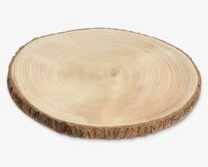 Et rundt, fladt stykke træ med synlige årringe og barkkant. Overfladen er glat og slebet, mens kanten bevarer den rå, teksturerede bark for et rustikt udseende. Træets årer og ringe er tydelige, hvilket giver et naturligt og organisk udtryk.