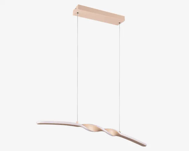 Moderne pendellampe med en slank, bølgeformet vandret stang, der hænger ned fra loftet i to tynde, lodrette stænger. Stangen har et let twist i midten, hvilket giver et dynamisk og elegant udtryk. Lampen har en mat guldfinish, som giver et stilrent og sofistikeret look. Velegnet over spiseborde eller køkkenøer, hvor den både bidrager med stil og funktionel belysning.