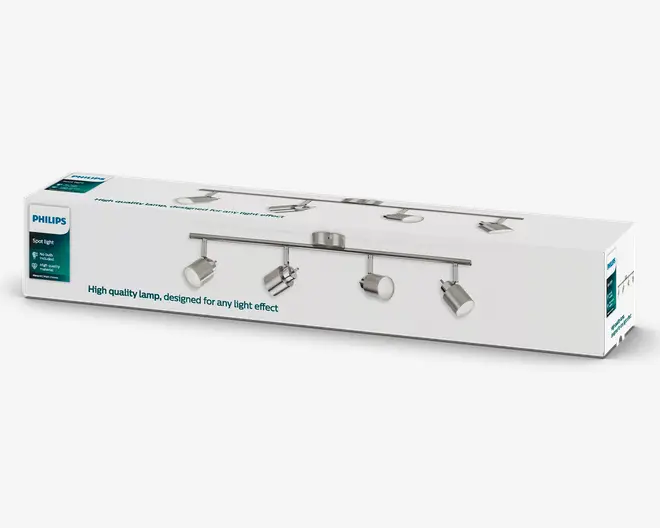 Lang hvid Philips-æske med et produktfoto af en skinne med fire kromfarvede spotlights set i perspektiv samt Philips-logo og turkis accentfelt til venstre.