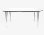Ovalt bord med en glat, hvid bordplade og en tynd sort kant. Bordet står på fire sæt slanke, forkromede metalben, der forgrener sig øverst og giver et moderne og let udtryk. Bordpladen er delt på midten, hvilket antyder, at bordet muligvis kan udvides.