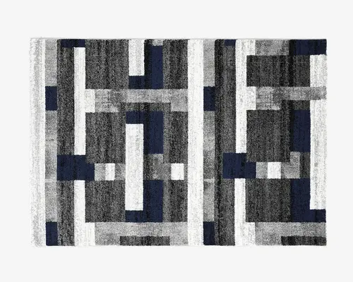Rektangulært tæppe med et moderne geometrisk mønster bestående af overlappende rektangler og firkanter i nuancer af mørkeblå, sort, grå og hvid. Designet er symmetrisk og har en tekstureret overflade, hvilket giver et moderne og stilfuldt udtryk, der passer til nutidige indretninger.