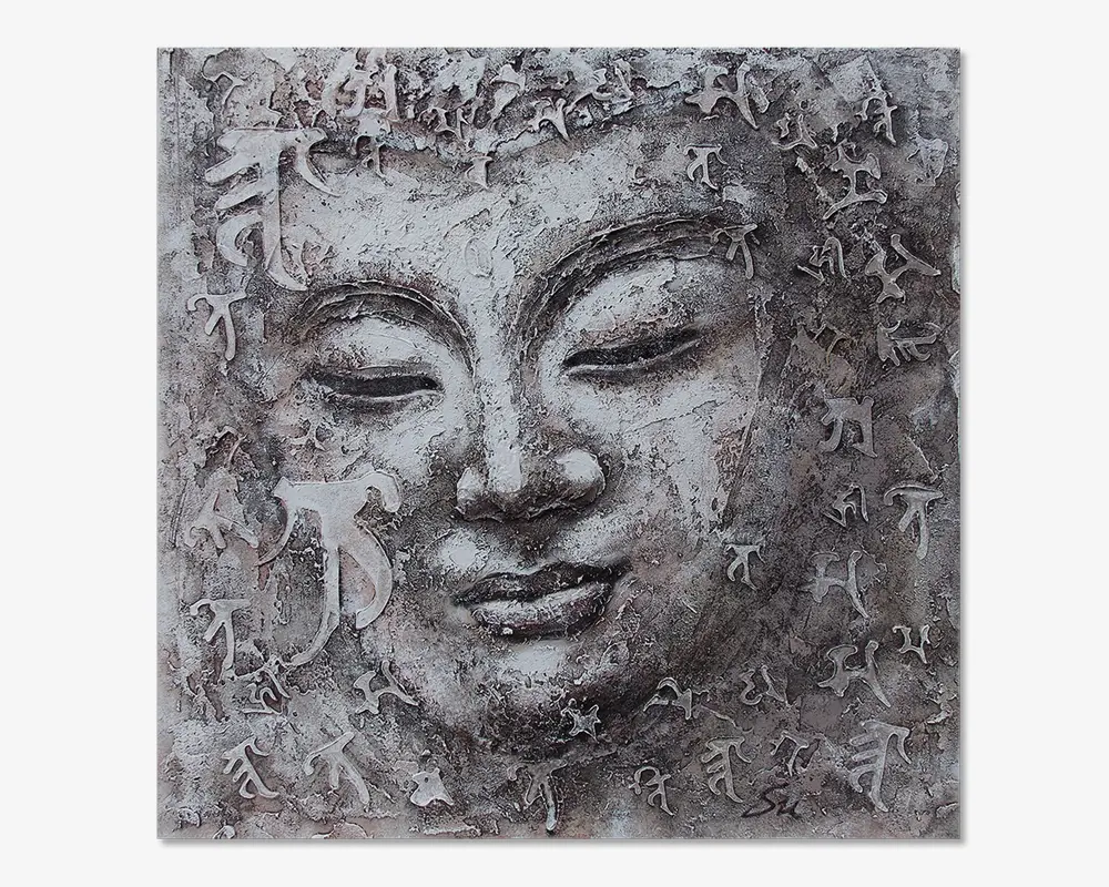 Maleri buddha grå 80x80 cm 
