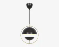 Moderne pendellampe med en mat sort kugleformet skærm, omgivet af en tynd guldfarvet metalring. Lampen hænger fra en sort stang og loftbeslag. Designet har en horisontal hvid diffuser, der deler kuglen i to og giver et blødt, jævnt lys. Udtrykket er moderne og elegant, velegnet til stilfulde indretninger.