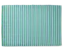 Rektangulært stof med et mønster af jævnt fordelte lodrette striber i skiftevis grøn og hvid. Materialet ser ud til at have en tekstureret vævning, og kanterne er pænt afsluttede.
