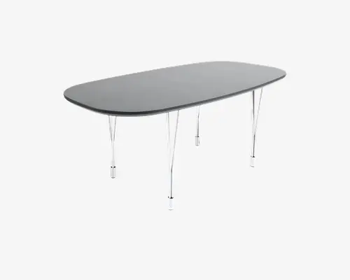 Moderne bord med en aflang, oval bordplade i en glat, mat sort finish. Bordpladen har afrundede kanter og understøttes af seks slanke ben i kromfinish, hvilket giver et stilrent og minimalistisk udtryk. Designet er moderne og velegnet til spise- eller mødelokaler.