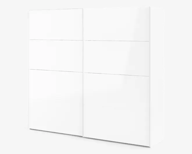 Hvid fritstående opbevaringsskab med minimalistisk design, glatte flade fronter og en ren, rektangulær form.