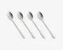 Sæt med fire identiske spiseskeer i rustfrit stål med et moderne, minimalistisk design. Hver ske har en glat, poleret overflade, en let afrundet skål og et langt, slankt skaft med en let bue for behageligt greb.
