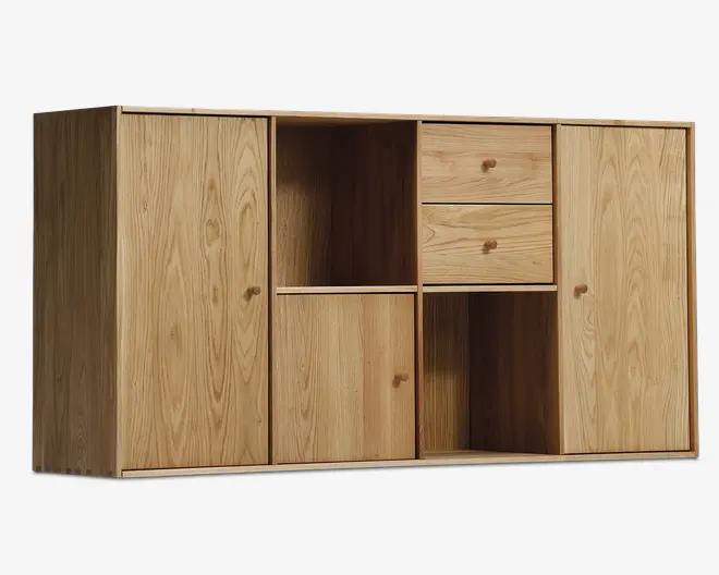 Reolopstilling med døre og skuffer olieret eg