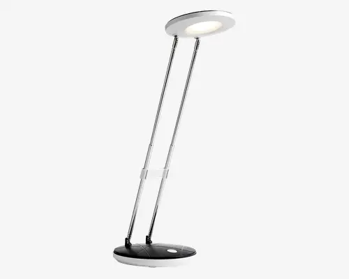 Moderne skrivebordslampe med et cirkulært LED-lyshoved, understøttet af to justerbare metalarme. Basen er rund og sort med en touch-kontrolknap. Lampen har et slankt, minimalistisk design, der passer til moderne arbejdsområder.