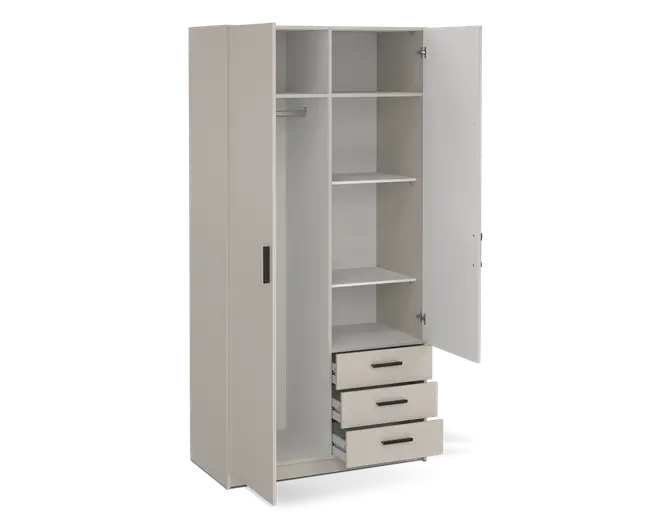 Et højt, fritstående opbevaringsmøbel i en lys beige farve med to låger, hvoraf den ene er åben og viser indretningen. Indvendigt er der flere rum: et lodret afsnit med bøjlestang til tøj, tre åbne hylder i forskellige højder samt tre udtræksskuffer med sorte greb nederst. Designet er moderne og funktionelt med en kombination af plads til ophæng, hylder og skuffer.