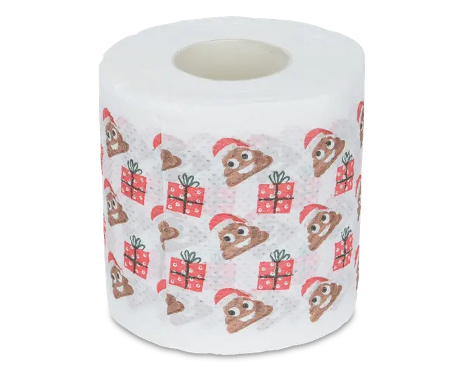 Hvid rulle med et festligt tryk, der viser tegneserieagtige lorte-emojis med røde nissehuer og røde gaveæsker med grønne bånd. Mønstret gentages jævnt over hele overfladen og giver et humoristisk og legende julepræg. Papiret ser ud til at have almindelig tykkelse og struktur.
