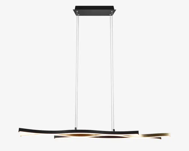 Moderne pendellampe med en slank, rektangulær sort baldakin og to tynde, justerbare ophængsstænger. Lyskilden består af en lang, vandret stang med bølgeformet design i sort og hvid finish. Den integrerede LED-stribe udsender et blødt, diffust lys, ideelt til moderne spise- eller køkkenområder.