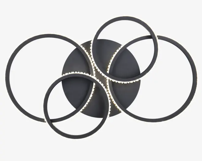 Moderne vægarmatur med fem overlappende cirkulære ringe, der har integreret LED-belysning langs de indvendige kanter. Ringene er mat sorte med en elegant finish, og LED'erne udsender et blødt, diffust hvidt lys. Designet giver et geometrisk, nutidigt udtryk, der egner sig til stemningsbelysning i stuer eller kontorer.