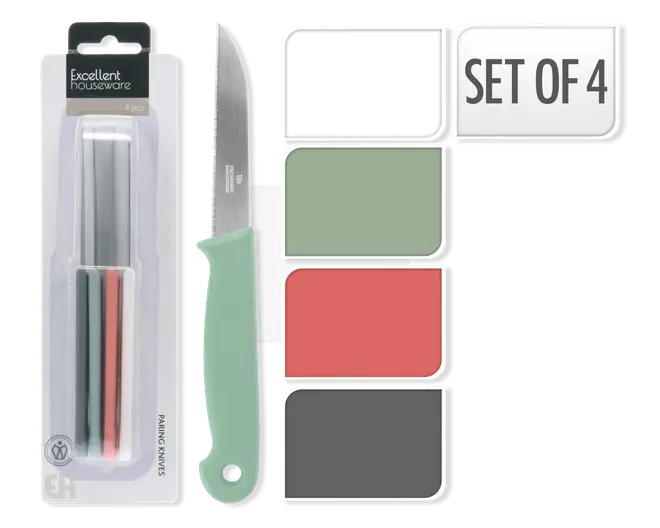 Sæt med fire knive med lige rustfri stålblade og ergonomiske håndtag i fire farver: hvid, grøn, rød og mørkegrå. Håndtagene har en glat, mat overflade og et hul i enden til ophængning. Knivene er pakket i en klar plastblisterpakke.