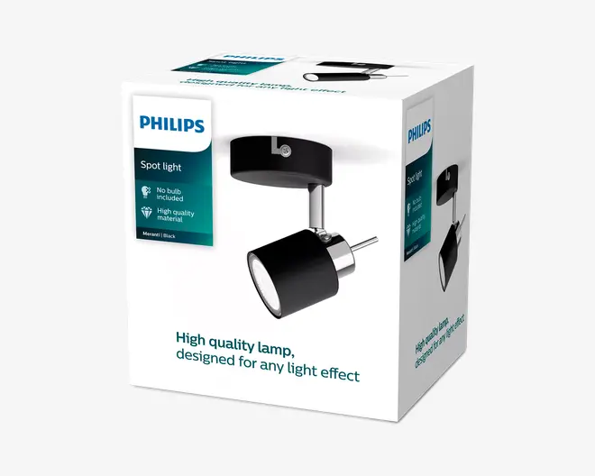 Philips spotlygte-emballage med en sort justerbar lofts-spot vist på forsiden, mærket uden pære og med materialer i høj kvalitet.