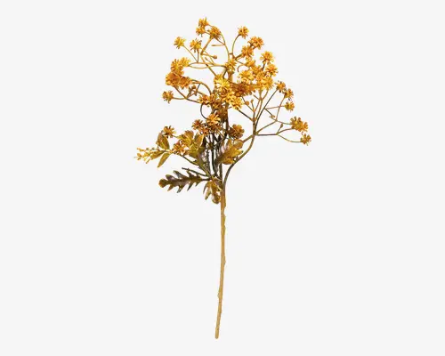 Kunstig blomsterstilk med flere små, tætsiddende gul-orange blomster med teksturerede kronblade. Stilken er lang og slank med flere forgreninger og enkelte grønne blade. Udseendet er livagtigt og farverigt, velegnet til dekoration.