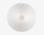 Et rundt, hvidt objekt med en plisseret, vifteformet tekstur, der stråler ud fra midten. Overfladen har jævnt fordelte riller, som danner et solstrålemønster. Materialet virker let og uigennemsigtigt med et glat, cirkulært centrum.