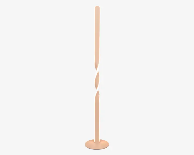 Høj, slank gulvlampe med mat ferskenfarvet finish. Lampen har et moderne, minimalistisk design med en enkelt lodret stang og en spiralformet LED-lysbånd, der snor sig rundt om stangen fra midten og op til toppen. Basen er rund og flad, hvilket giver stabilitet. Udseendet er stilrent og nutidigt, velegnet til moderne indretning.