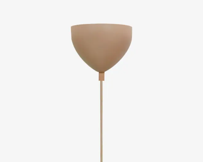 En beige, kopformet genstand med bred åbning, afrundede sider, smal bund og en lang, tynd stilk.