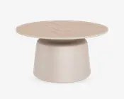 Rundt bord med en lys træmønstret bordplade og en glat, mat beige cylindrisk base. Bordpladen har en naturlig finish, mens basen er massiv og let tilspidset, hvilket giver møblet et moderne og minimalistisk udtryk.