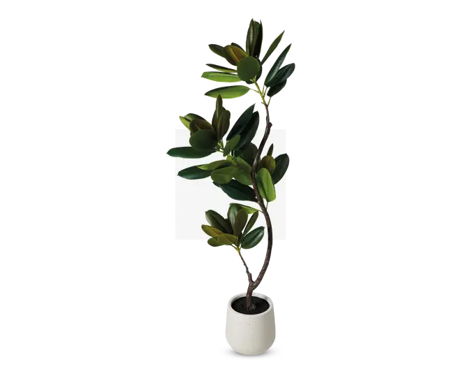 Høj kunstig plante med brede, blanke grønne blade, der sidder langs en slank, buet stængel. Planten står i en enkel, rund hvid potte med mat finish. Bladene har en realistisk tekstur og forskellige nuancer af grøn, hvilket giver et naturtro udseende.