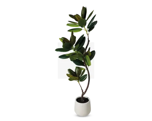 Høj kunstig plante med brede, blanke grønne blade, der sidder langs en slank, buet stængel. Planten står i en enkel, rund hvid potte med mat finish. Bladene har en realistisk tekstur og forskellige nuancer af grøn, hvilket giver et naturtro udseende.