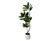 Høj kunstig plante med brede, blanke grønne blade, der sidder langs en slank, buet stængel. Planten står i en enkel, rund hvid potte med mat finish. Bladene har en realistisk tekstur og forskellige nuancer af grøn, hvilket giver et naturtro udseende.