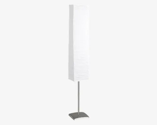 Høj, rektangulær standerlampe med en hvid stofskærm, der har en let krøllet struktur. Lampen står på en slank, metalstang og en firkantet fod i børstet metal, hvilket giver et moderne og minimalistisk udtryk.