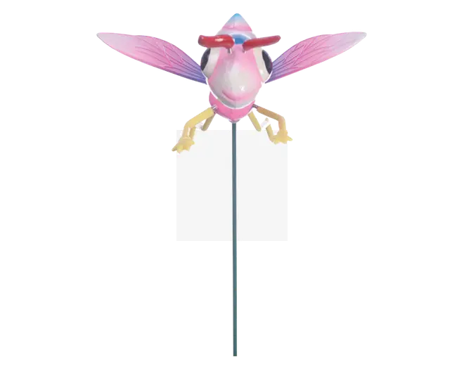 Dekorativ havepynt formet som et fantasifuldt insekt med lyserød og lilla krop, store lyserøde vinger og gule ben. Pynten er monteret på en slank metalpind, så den nemt kan placeres i jorden. Insektet har overdrevne træk, herunder store øjne og et smilende ansigt, hvilket giver det et legende og muntert udtryk.