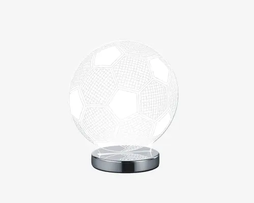 En dekorativ lampe med et 3D-illusion design af en fodbold. Lampen har en klar akrylplade indgraveret med et detaljeret fodboldmønster, som oplyses fra basen og skaber en glødende effekt. Basen er rund og har et metallisk udseende, hvilket giver et moderne og stilrent look. Perfekt til sportsentusiaster eller som en unik natlampe.