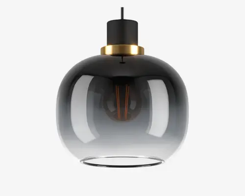 Loftlampe med en rund, røgfarvet glasskærm, der går fra mørk i toppen til klar i bunden. Lampen har en mat sort top med en guldfarvet ring, og pæren er synlig gennem glasset, hvilket giver et moderne og elegant udtryk.