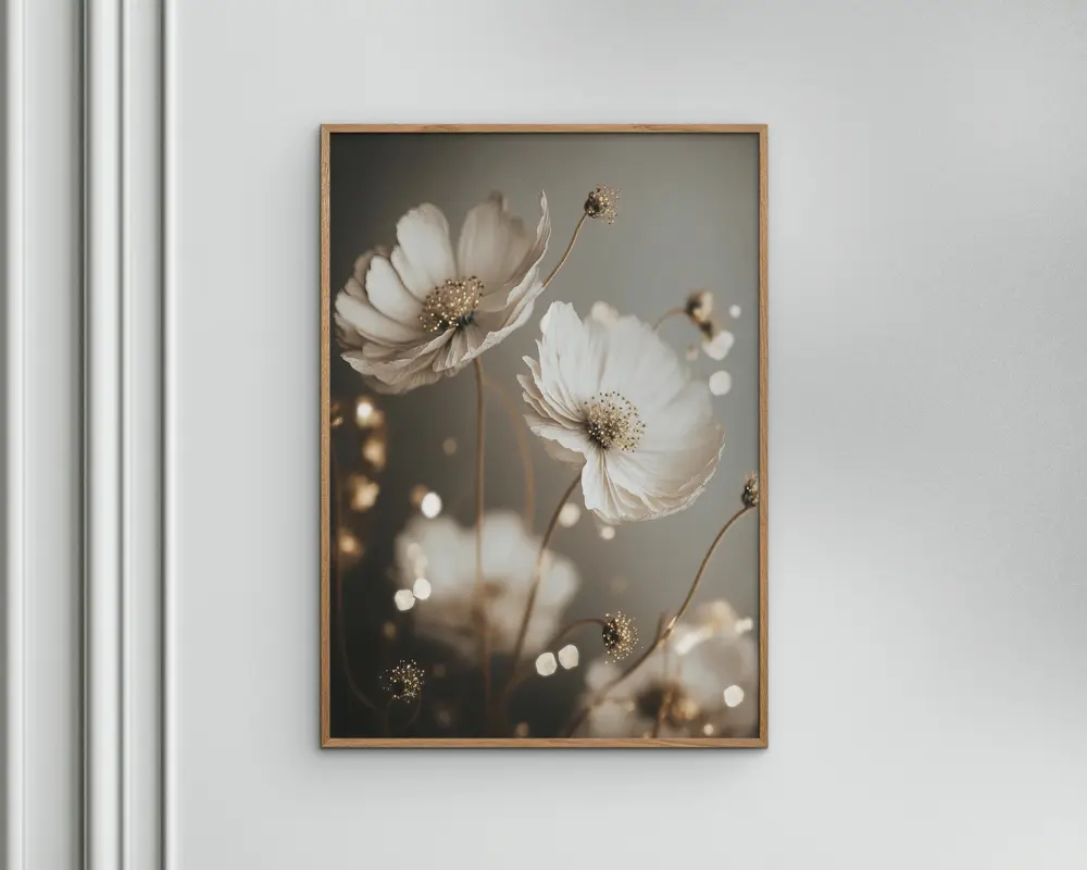 Indrammet vægkunst med et nærbillede af sarte hvide blomster med gule midter, sat mod en blød, sløret baggrund i dæmpede grå og beige nuancer. Billedet har en drømmende bokeh-effekt med lyspunkter, og rammen er en enkel, tynd træramme.