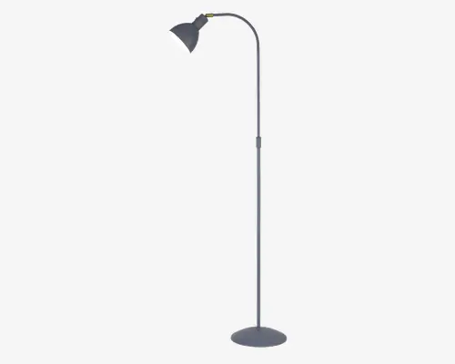 Høj, slank gulvlampe med buet hals og konisk lampeskærm. Lampen har en rund, stabil fod og en metallisk finish. Lampeskærmen kan justeres, så lyset kan rettes i forskellige retninger. Minimalistisk og moderne design, der passer til mange indretninger.
