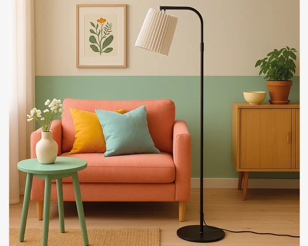 En moderne gulvlampe med en slank, sort metalstang og en hvid, plisseret lampeskærm, der er vinklet nedad. Lampen har en rund, flad fod for stabilitet og et minimalistisk design, der passer til moderne indretning.