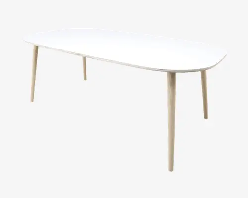 Et moderne, minimalistisk bord med en glat, hvid, rektangulær bordplade med afrundede hjørner. Bordet har fire lette træben, der er let tilspidsede, hvilket giver et rent og nutidigt udtryk. Designet er enkelt og funktionelt, velegnet til forskellige miljøer.