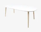 Et moderne, minimalistisk bord med en glat, hvid, rektangulær bordplade med afrundede hjørner. Bordet har fire lette træben, der er let tilspidsede, hvilket giver et rent og nutidigt udtryk. Designet er enkelt og funktionelt, velegnet til forskellige miljøer.