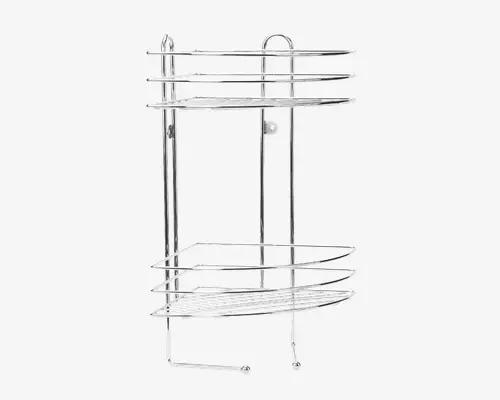 Hjørnehylde i forkromet metal med to niveauer, beregnet til vægmontering. Hylden har åbent tråddesign for dræning, afrundede forkant og forhøjede kanter på hvert niveau for at forhindre, at genstande falder ned. Konstruktionen er robust og velegnet til organisering af toiletartikler eller andre ting på badeværelset eller i køkkenet.