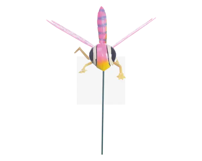 Dekorativ havelåge formet som en guldsmed, med et levende farveskema i pink og gul. Guldsmeden har to store, gennemsigtige vinger med pink detaljer, en stribet krop og tynde, gule ben. Stangen er lavet af metal og beregnet til at blive sat i jorden til udendørs brug.