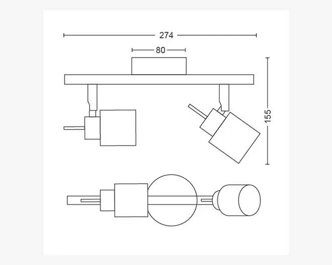 Teknisk stregtegning, der viser dimensionerne og strukturen på en loftsmonteret spotlampe med to lyskilder. Lampen har en rektangulær base, der måler 274 mm i længden og 80 mm i bredden. To justerbare spot-hoveder er fastgjort til basen, hver med et cylindrisk og firkantet design. Den samlede højde fra basen til bunden af spotlyset er 155 mm. Tegningen viser både side- og topvinkel, hvilket illustrerer spotlysets justerbare funktion.