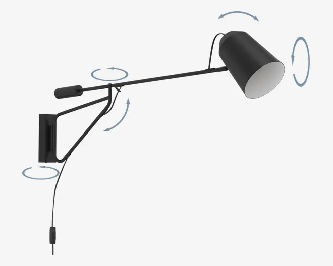 Moderne vægmonteret lampe med mat sort finish, der har en justerbar arm med flere drejepunkter for fleksibel placering. Lampens hoved er konisk og kan drejes for at rette lyset efter behov. Designet inkluderer en slank, minimalistisk monteringsplade og en synlig ledning med en indbygget kontakt.