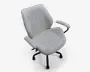 En moderne kontorstol med lysegråt polstret stof og lodrette syninger på sæde og ryglæn. Stolen har polstrede armlæn, ergonomisk formet rygstøtte og en sort fembenet fod med hjul for nem bevægelse.