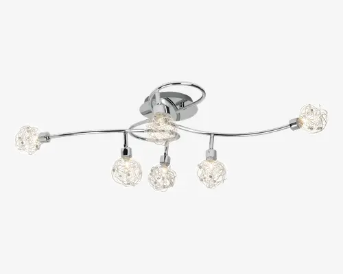 Moderne loftlampe med blank kromfinish og fem kugleformede glasskærme. Hver skærm har et indviklet tråddesign indeni, hvilket giver et dekorativt og moderne udtryk. Lampens arme er let buede, hvilket tilføjer elegance og stil. Velegnet til stue, spisestue eller soveværelse, hvor der ønskes en stilfuld belysningsløsning.