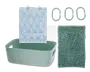 Sættet indeholder en rektangulær, lysegrøn opbevaringskasse med håndtag i siderne, en stofpose med geometrisk bladmønster i hvid og lysegrøn, tre matchende ovale plastkroge samt en tekstureret chenillemåtte i samme grønne nuance. Måtten har bløde, hævede nopper for ekstra komfort og sugeevne.