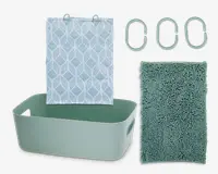 Sættet indeholder en rektangulær, lysegrøn opbevaringskasse med håndtag i siderne, en stofpose med geometrisk bladmønster i hvid og lysegrøn, tre matchende ovale plastkroge samt en tekstureret chenillemåtte i samme grønne nuance. Måtten har bløde, hævede nopper for ekstra komfort og sugeevne.