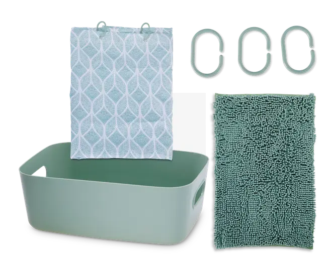Sættet indeholder en rektangulær, lysegrøn opbevaringskasse med håndtag i siderne, en stofpose med geometrisk bladmønster i hvid og lysegrøn, tre matchende ovale plastkroge samt en tekstureret chenillemåtte i samme grønne nuance. Måtten har bløde, hævede nopper for ekstra komfort og sugeevne.