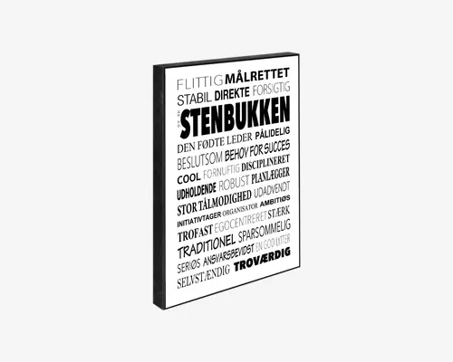 En indrammet plakat med hvid baggrund, der viser en række danske ord og sætninger i sort tekst, arrangeret i forskellige skrifttyper og størrelser. Det største ord i midten er "STENBUKKEN", omgivet af beskrivende ord som "målrettet", "pålidelig", "disciplineret" og "trofast". Typografien er markant og moderne med både store og små bogstaver, hvilket giver et dynamisk og motiverende udtryk.