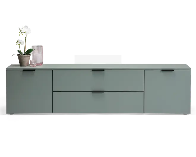 Rektangulært skab med mat salviegrøn finish, to store skuffer i midten og en låge på hver side. Skabet har minimalistiske sorte greb og en glat, flad topplade. Dekorative genstande, herunder en orkidé i potte og en rillet glasvase, står på venstre side af toppen.